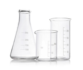 Clean empty laboratory glassware on white background