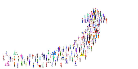 A large group of people in the shape of a growing arrow. Success business concept. Isolated, white background. Vector illustration.