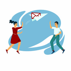 Vector illustration depicts sending messages, letters, mails. A guy and a girl launch a plane with an envelope.