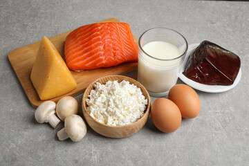 Fresh products rich in vitamin D on light table