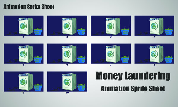 Money Laundering In Washer Concept, Animation Sprite Sheet. Dirty Cash Cleaning In Washing Machine Animation Vector Illustration. 