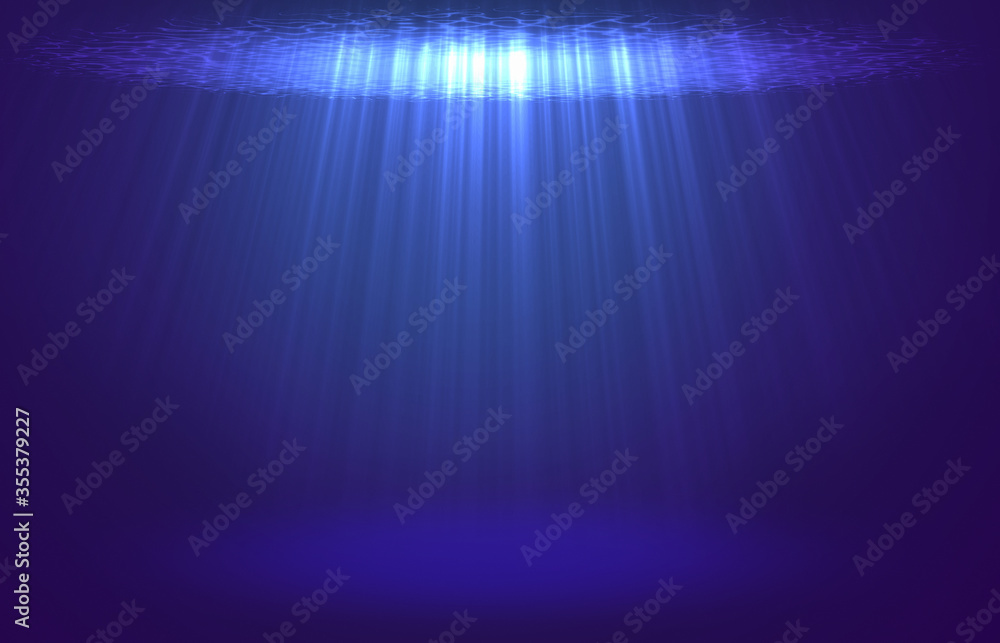 Poster abstract blue background with rays, underwater scene. 3d render / rendering
