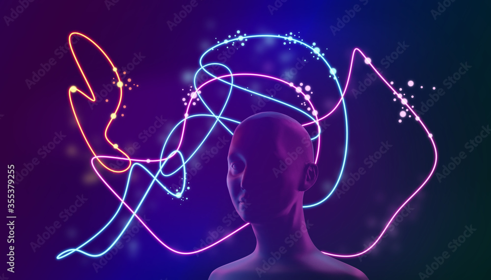 Aufkleber stylized human head against a background of neon lights. concept of digital environment or artificia