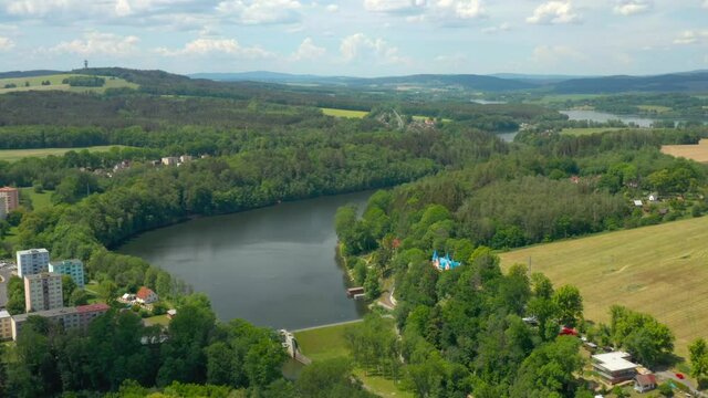 The Skalka Reservoir on Ohre River is dam in Cheb. Aerial view to important source of sustainable energy in Czech Republic.