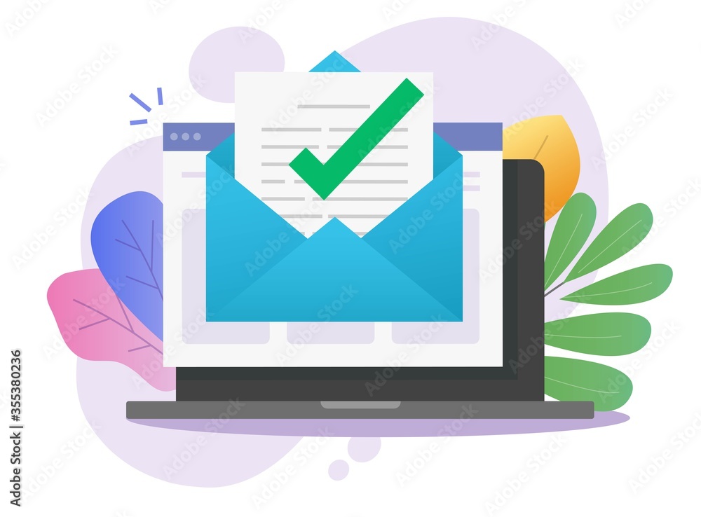 Poster approved email message notice check mark in document online on laptop computer or digital mail lette
