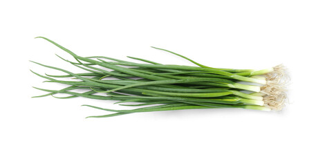 Fresh green spring onions isolated on white, top view