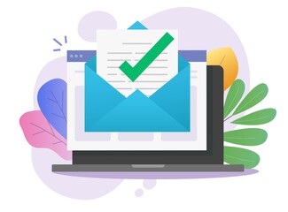 Approved email message notice check mark in document online on laptop computer or digital mail letter success confirmed application vector flat, concept of subscription newsletter or verified doc
