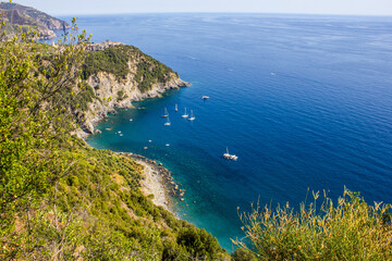 View of Boats at Mediterranean Sea on a Sunny Day, Cinque Terre