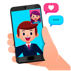 Vector illustration of people making video call on smartphone with some graphic symbils  