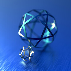 Abstract futuristic 3d render with pentagon spheres. Contemporary sci-fi image with bokeh effect.