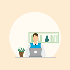 Businessman avatar with laptop on desk vector design