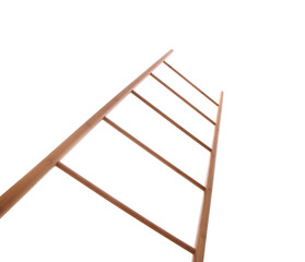 Modern wooden ladder isolated on white, low angle view