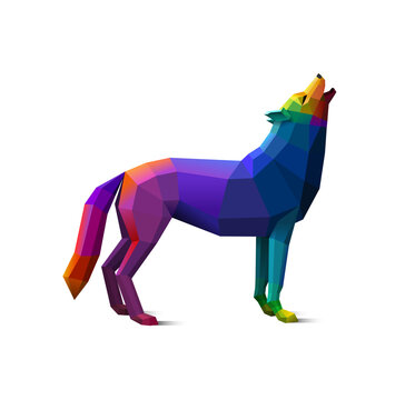 Colorful, howling low poly wolf, concept of wildness, logo element, eps10 vector