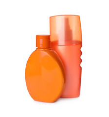 Bottles with sun protection products isolated on white