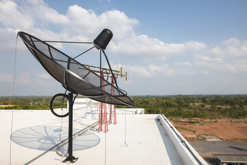 black satellite on a tall building receiving signal