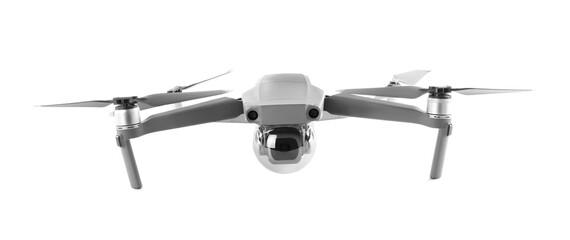 Modern drone with camera isolated on white