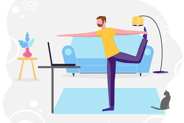 Stay a home. A man practicing yoga at home with a tv lesson. Concept of online education, practicing yoga, live stream. Home activity vector illustration. For web banner, poster, social media