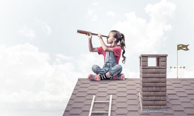 Concept of careless happy childhood with girl looking in spyglass - obrazy, fototapety, plakaty