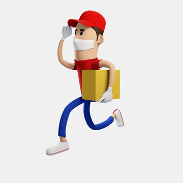 3D illustration render delivery man red uniform doing run and jump to fast send package to customer at home stay at home in virus covid-19 scourge