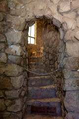 Ropes from bells and steps leading to the bell tower in the Lavra Netofa Convent in the vicinity of the village of Hararit in northern Israel
