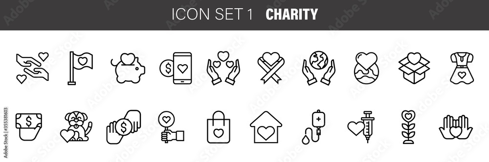 Wall mural Charity - modern vector line design icons and pictograms set. Awareness ribbon, donation, help children, safe planet, happy family, blood donation