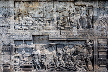 The stories from Mahayana Buddhist Sutras carved on the relief panels of Borobudur Temple (750AD)