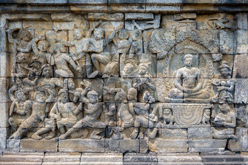 The stories from Mahayana Buddhist Sutras carved on the relief panels of Borobudur Temple (750AD)