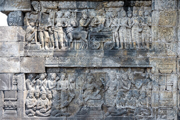 The stories from Mahayana Buddhist Sutras carved on the relief panels of Borobudur Temple (750AD)