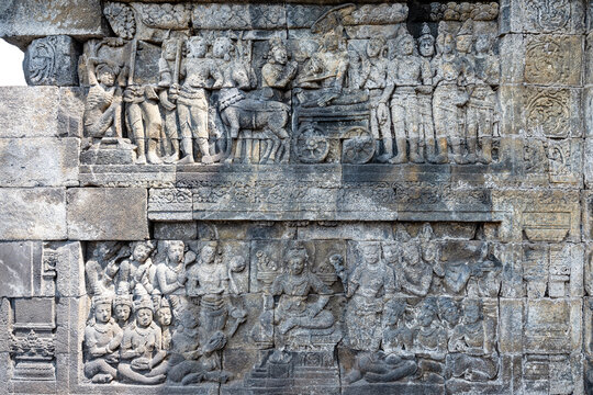 The stories from Mahayana Buddhist Sutras carved on the relief panels of Borobudur Temple (750AD)