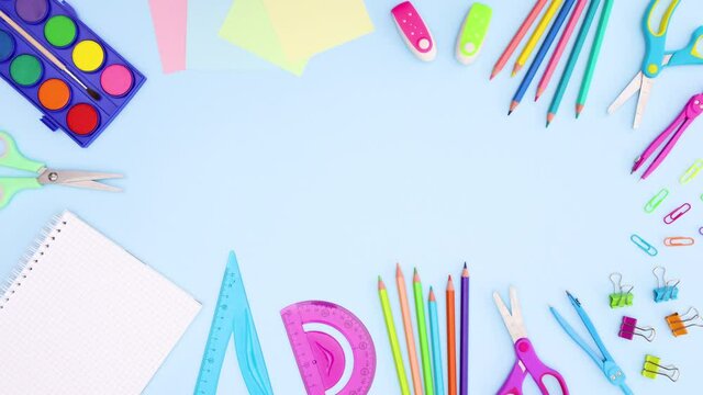 Back to school border for text moving. School supplies frame stop motion 