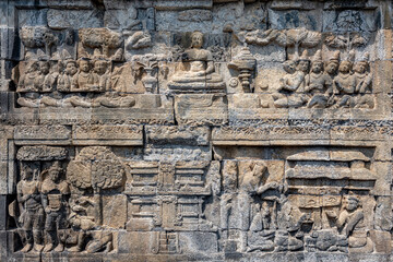 The stories from Mahayana Buddhist Sutras carved on the relief panels of Borobudur Temple (750AD)