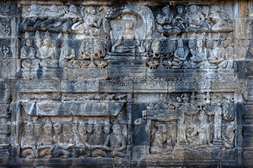 The stories from Mahayana Buddhist Sutras carved on the relief panels of Borobudur Temple (750AD)