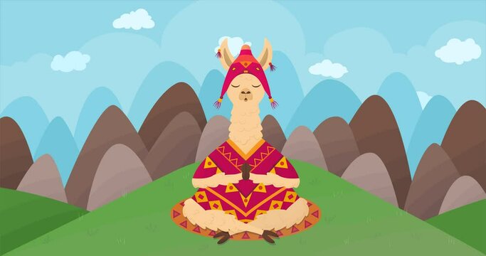 Relaxing animation of wind, clouds and grass with a cartoon llama in lotus position. Animated meditation on background of mountains and hills