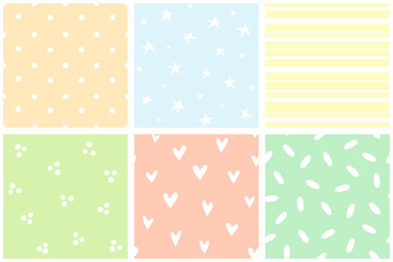 Collection of simple patterns. Polka dots, stars, hearts, stripes, spots, rice. Muted delicate colors