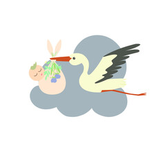A cartoon stork carries a sleeping baby wrapped in a diaper. The diaper is decorated with flowers and leaves.