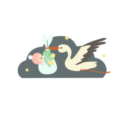 A cute cartoon stork carries a newborn in a diaper. The diaper is decorated with flowers and leaves. The stork flies in the night sky.