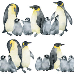 Watercolor seamless pattern with Emperor penguin family. Wild northern Antarctic animals. Cute grey bird for baby textile, wallpaper, nursery decoration