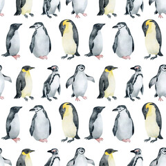 Watercolor seamless pattern with penguins. Emperor, Chinstrap, African, Adelie penguin. Wild northern Antarctic animals. Cute grey bird for baby textile, wallpaper, nursery decoration