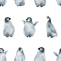 Watercolor seamless pattern with baby Emperor penguins. Wild northern Antarctic animals. Cute grey bird for baby textile, wallpaper, nursery decoration