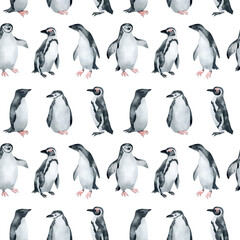 Watercolor seamless pattern with penguins. Chinstrap, African, Adelie penguin. Wild northern Antarctic animals. Cute grey bird for baby textile, wallpaper, nursery decoration