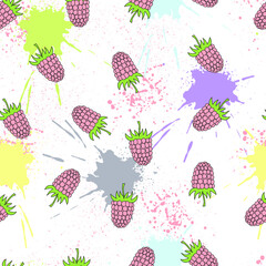 Raspberries on blots pastel colors and spray effect. Abstract seamless pattern.