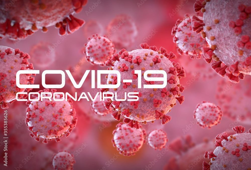 Poster 3d rendering of the coronavirus on a microscopic level. microscope close-up of the covid-19 disease.