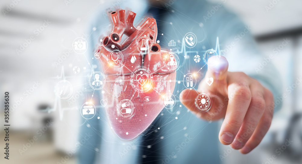 Poster man using digital x-ray of human heart holographic scan projection 3d rendering