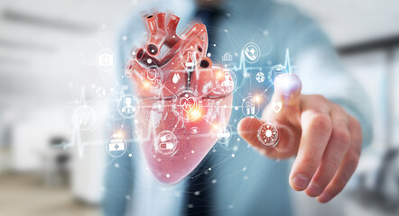Man using digital x-ray of human heart holographic scan projection 3D rendering
