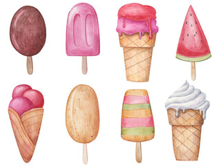 Different types, set of ice cream, on a wooden leg and in a glass, Illustration on a white background