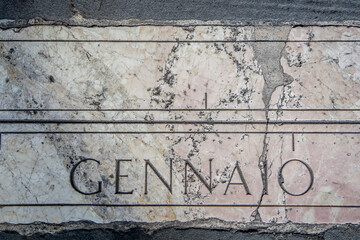 Zodiac symbol on a mottled granite pavement of the Old square in Bergamo. Lombardy, Italy