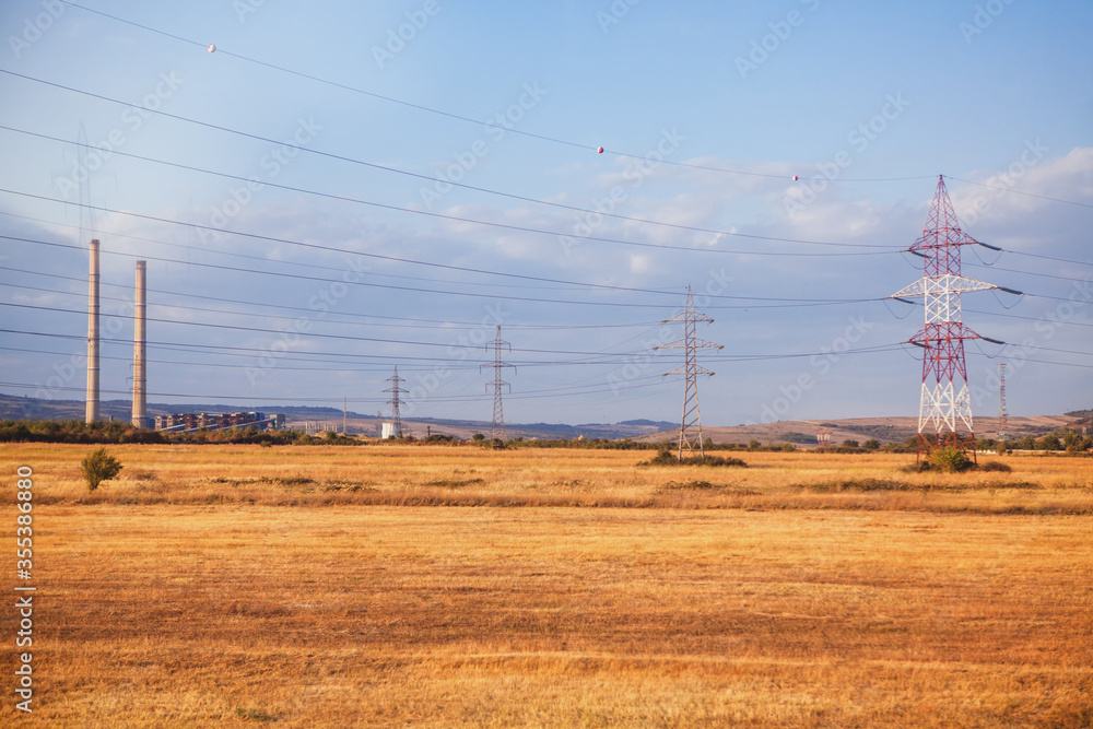 Wall mural high voltage power lines at the agricultural field