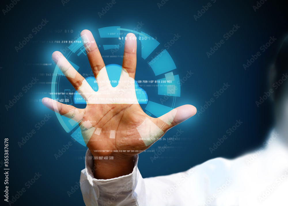 Poster cloud computing concept - connect to cloud. businessman or information technologist click on cloud c