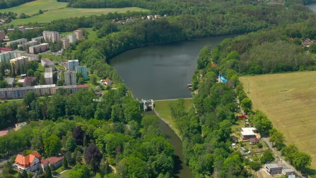 The Skalka Reservoir on Ohre River is dam in Cheb. Aerial view to important source of sustainable energy in Czech Republic.