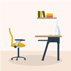Desk with computer and shelf with books vector design